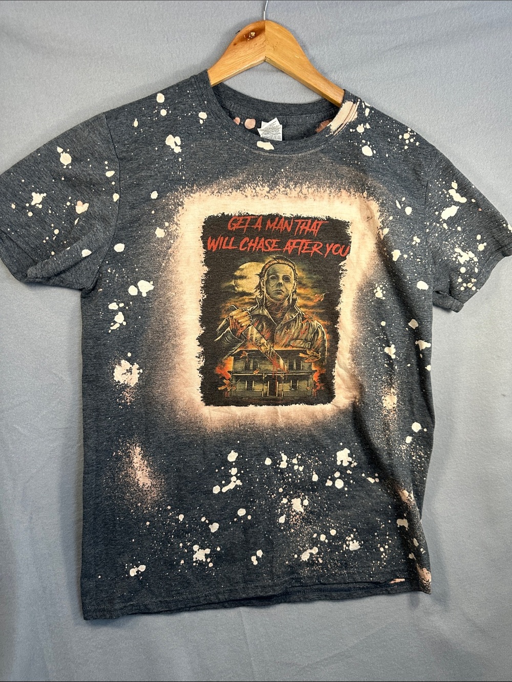 Gildan Black Charcoal Bleached Horror Graphic Tee